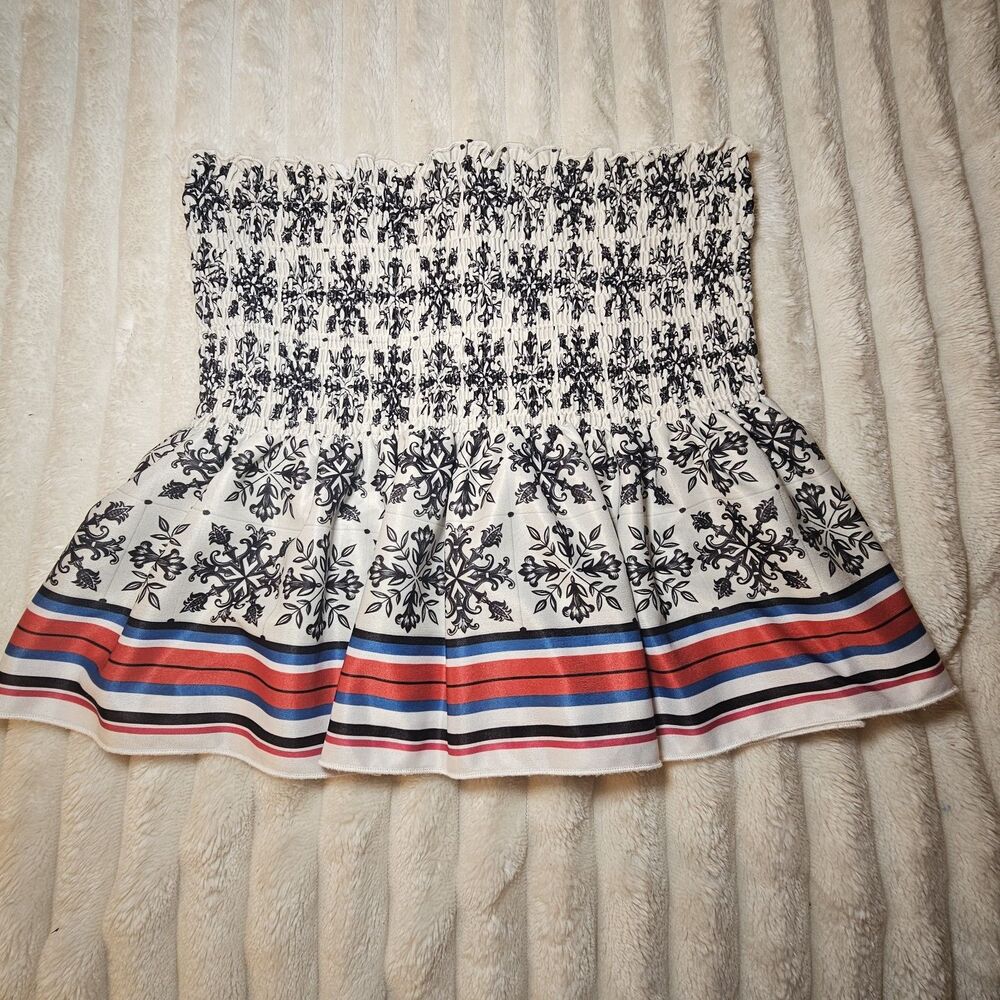 Zara Women SMALL Smocked Floral Strapless Peplum Tube Top Striped Hem Boho